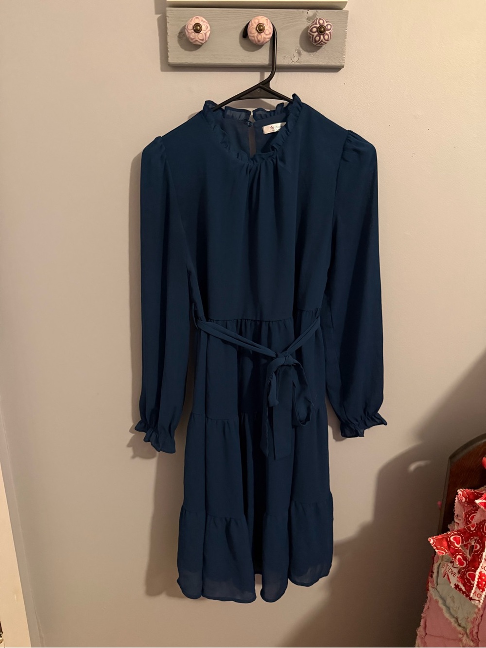 Girls' Long Sleeve Tiered Navy Dress with Waist Tie